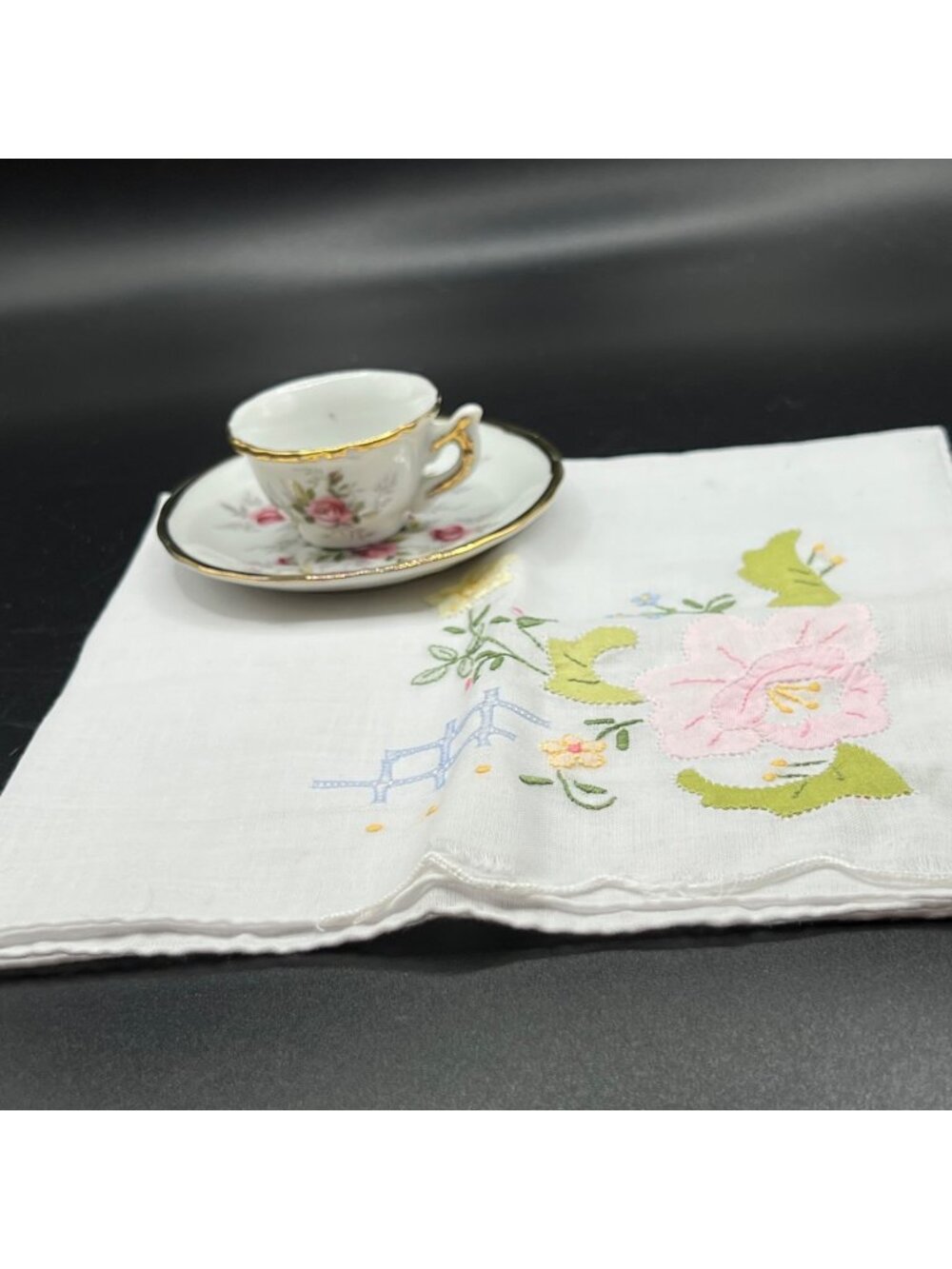Miniature Floral Gold Trim Tea Cup Saucer Set W/ Embroidered Floral Napkin VTG